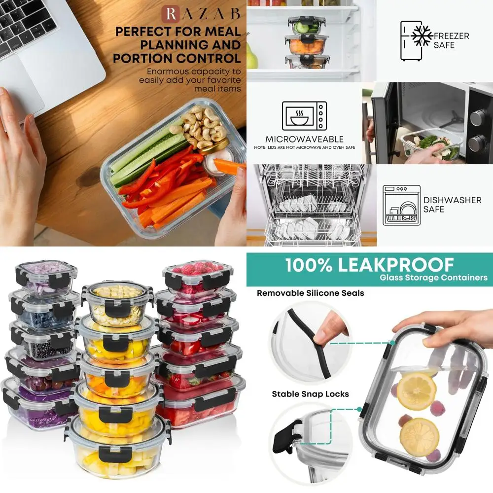 

30-Piece Glass Meal Prep Containers - Reusable, Airtight with Snap Lids - Ideal for Lunch, Leftovers, and Storage