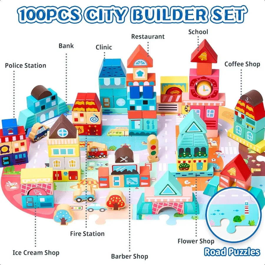 VigorFun 100 PCS Wooden Building Blocks Set City Builder Stacking Toy with Storage Bag Montori Preschool Toys for Toddlers Birt