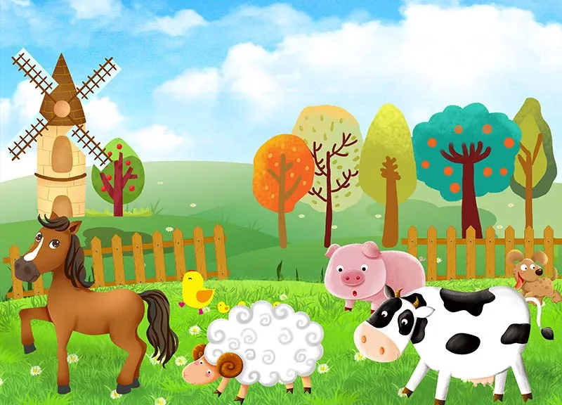 Farm Animal Pony Backdrop Kids Happy Birthday Decoration Cow Windmill Fence Photography Background Baby Shower Studio Banner