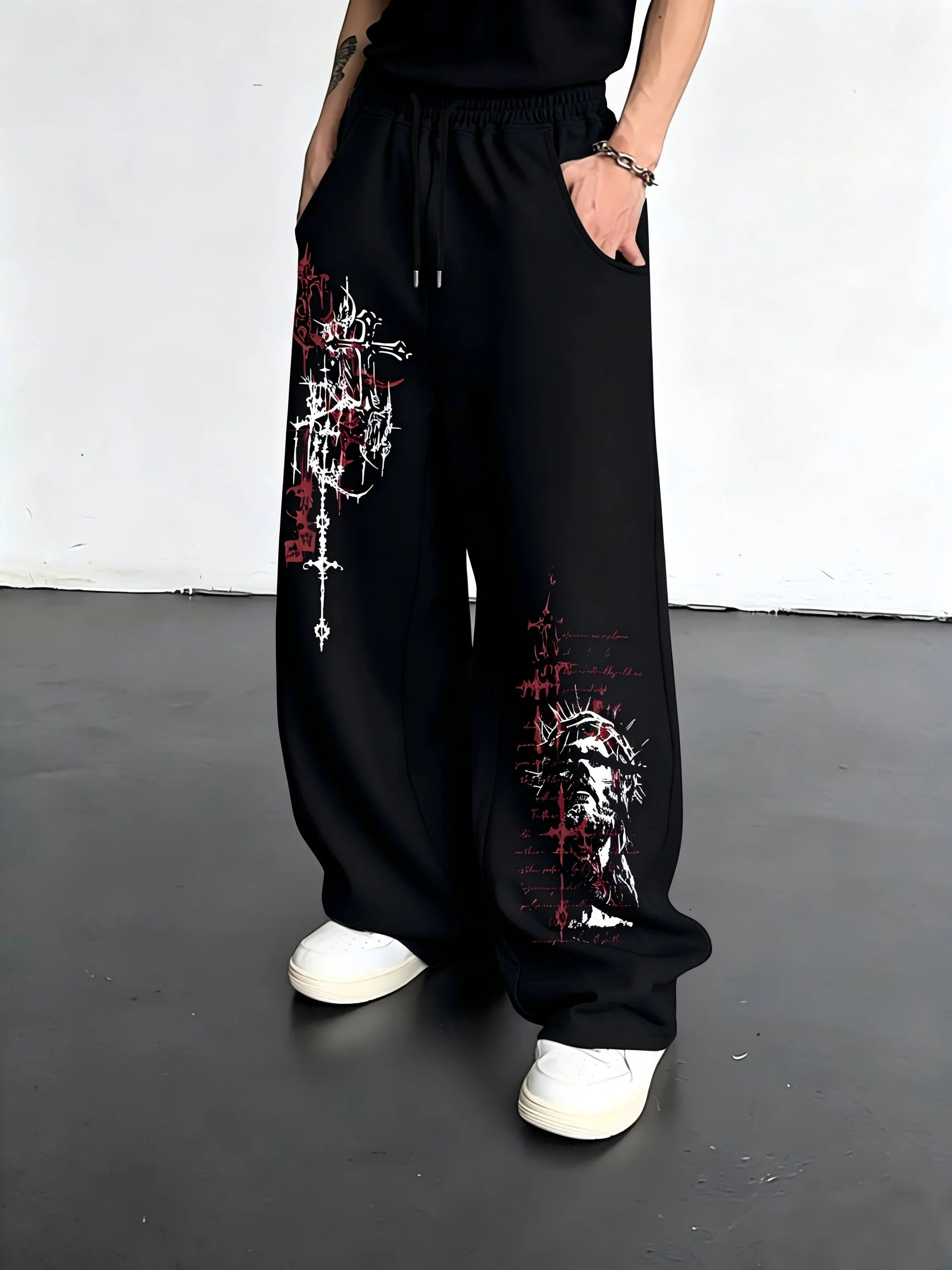 Gothic Dark Cross Sword Graffiti Straight Leg Jogger Trousers Unisex Men Women Hip‑Hop Streetwear Loose Casual Sport Pants