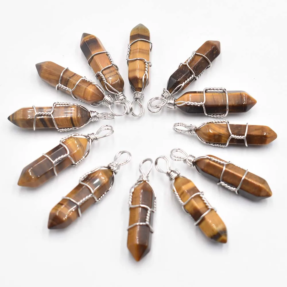 Wholesale 12pcs/lot natural tiger eye stone amethysts pillar shape point handmade iron wire pendants for jewelry making free