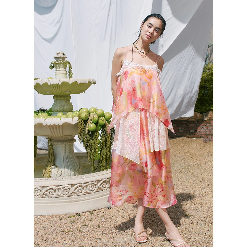 ELFSACK Floral Print Asymmetric Midi Dress with Lace Panels, Tiered Cami Dress with Tassel Trim, Lightweight Summer Dress