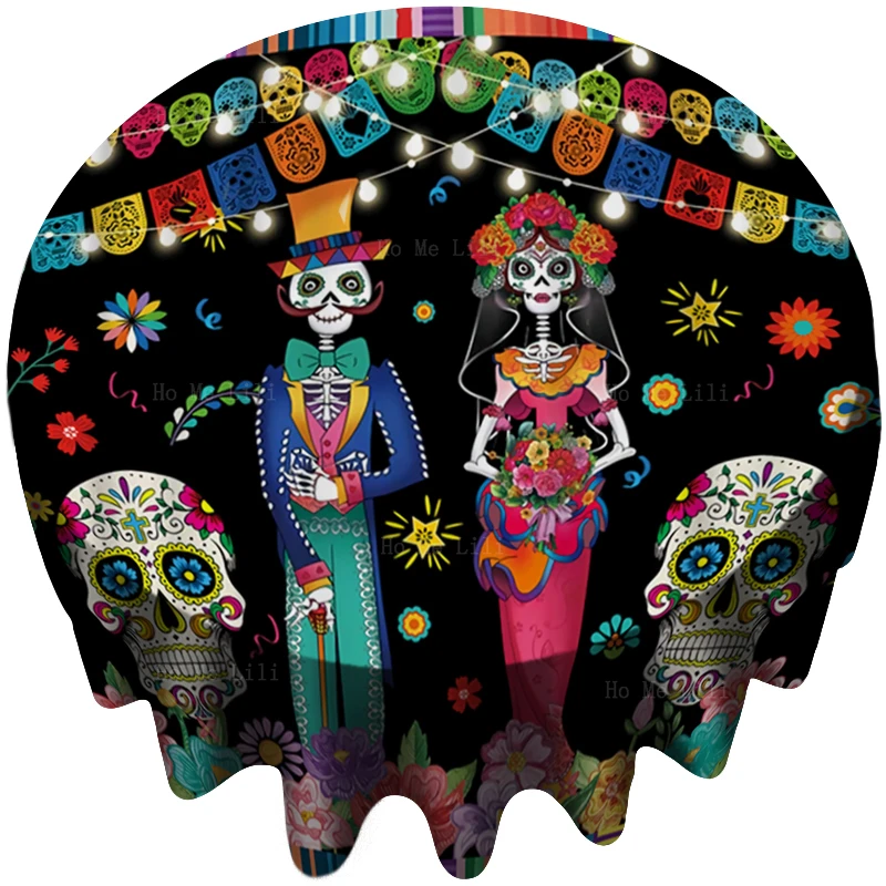 Mexican Carnival Day Of The Dead Art Sugar Skull Couple Marry Colorful Round Tablecloth By Ho Me Lili For Tabletop Decor