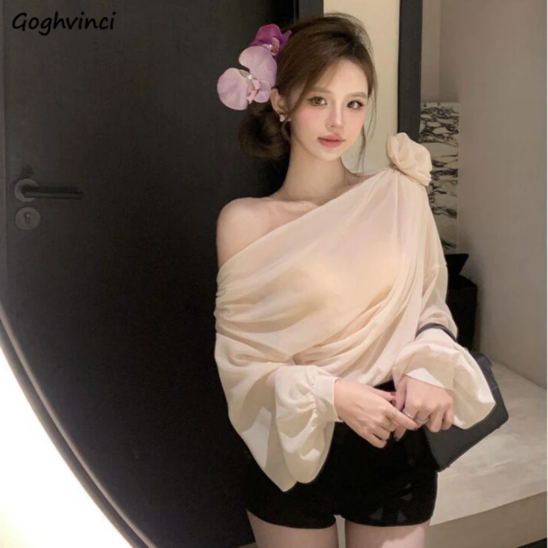 Skew Collar Blouses Women Floral Decoration Loose Folds Tops French Style Vintage Irregular Casual Elegant Tender Chiffon Sexy