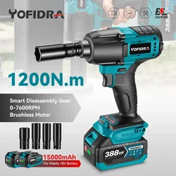 Yofidra 1200N.m High Torque Electric Impact Wrench 1/2 inch Cordless Car Wheel Wrench Driver Power Tools For Makita 18V Battery