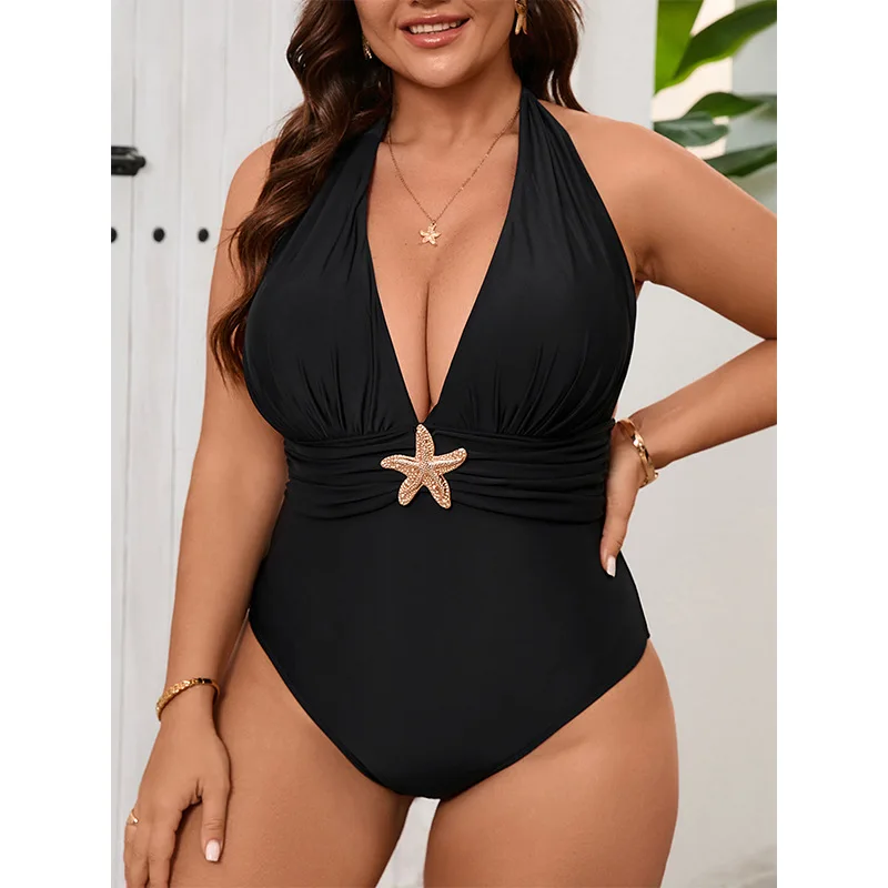 Plus Size 2 Piece Starfish Decor Halter One Piece Swimsuit With Sheer Mesh Split Maxi Cover Up Dress Deep V  Beach Bathing Suit