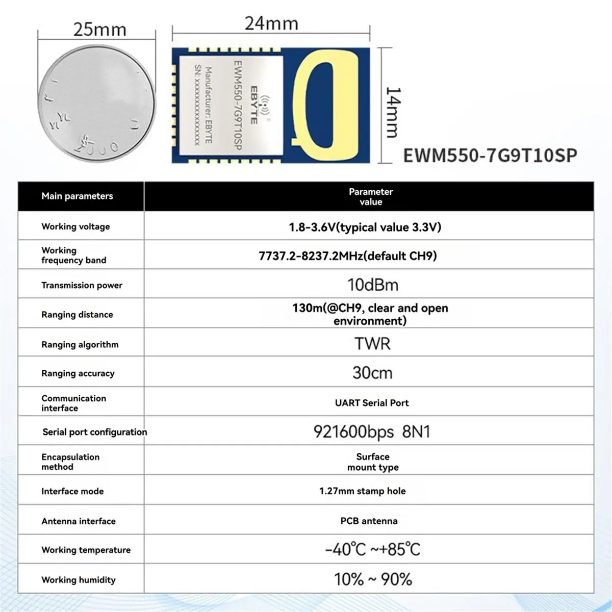 T499C Tools- EWM550-7G9T10SP MK8000 UWB Module Ultra-Wideband Wireless Ranging Positioning CH5/CH9 UART SMD AT