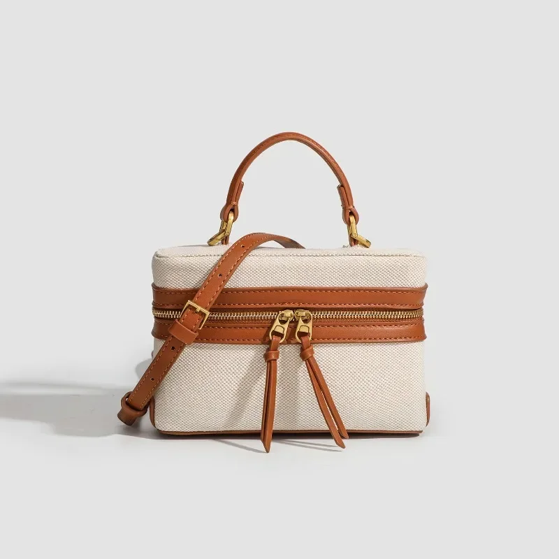 Trend Design Women\'s Small Square Box Bag 2024 Fashion Canvas Patchwork Leather Double Zipper Crossbody Single Bag High Quality