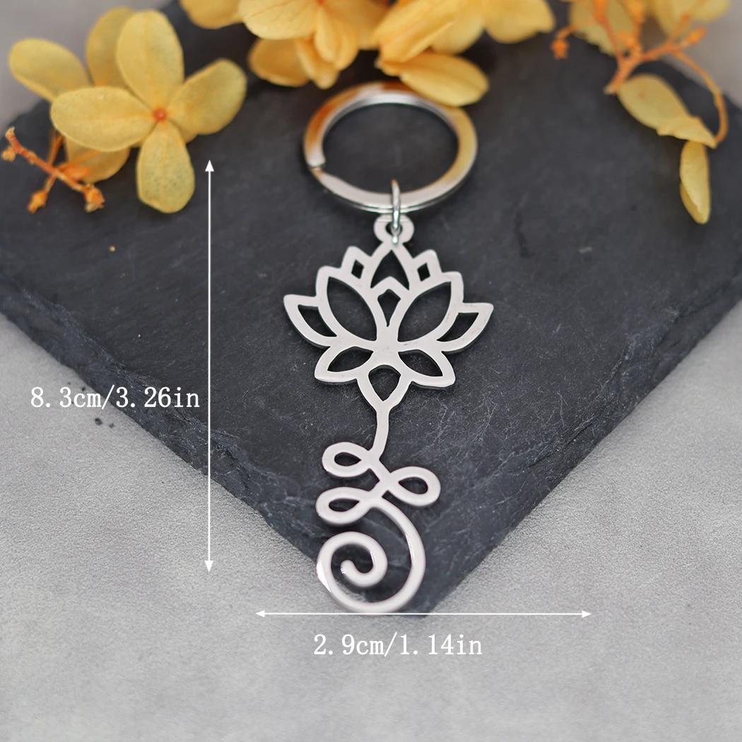 QIMING Lotus Unalome Yoga Buddhist Keychains Women Stainless Steel Bohemia Jewelry Key Rings Men Party Gift