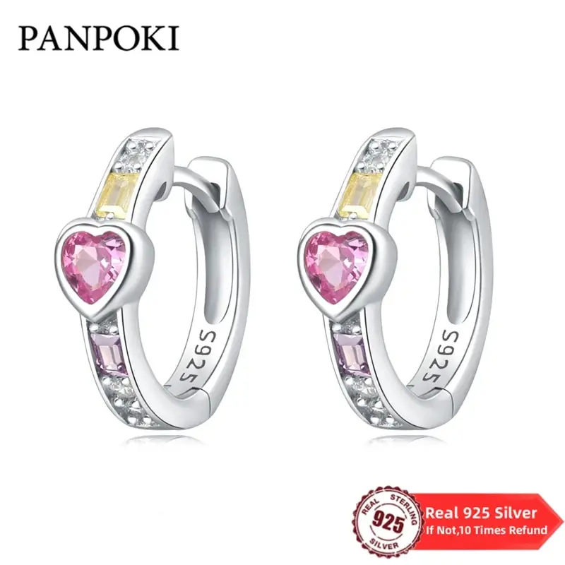 Real 100% 925 Sterling Silver Color Heart Shape Inlay Zircon Earrings Fine Jewelry Minimalist Small Stud Earrings For Women