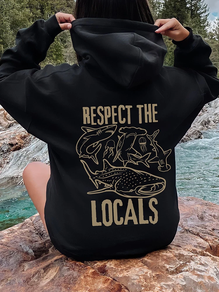 

Respect the Local Whale Print Women Sweatshirt Long Sleeves Hoodie Pocket Casual Female Cotton Top Original Design Trend Clothes