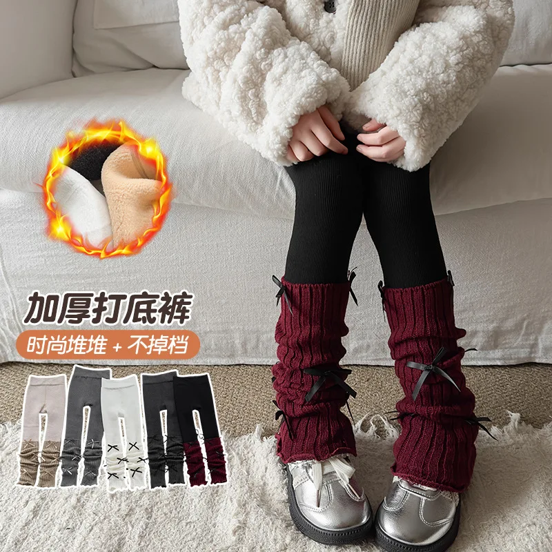 New Thicken Velvet Bow Tie Sock Splicing Wear Outside Child Trousers Kids Girl Clothes Girl Keep Warm Leggings Autumn Winter