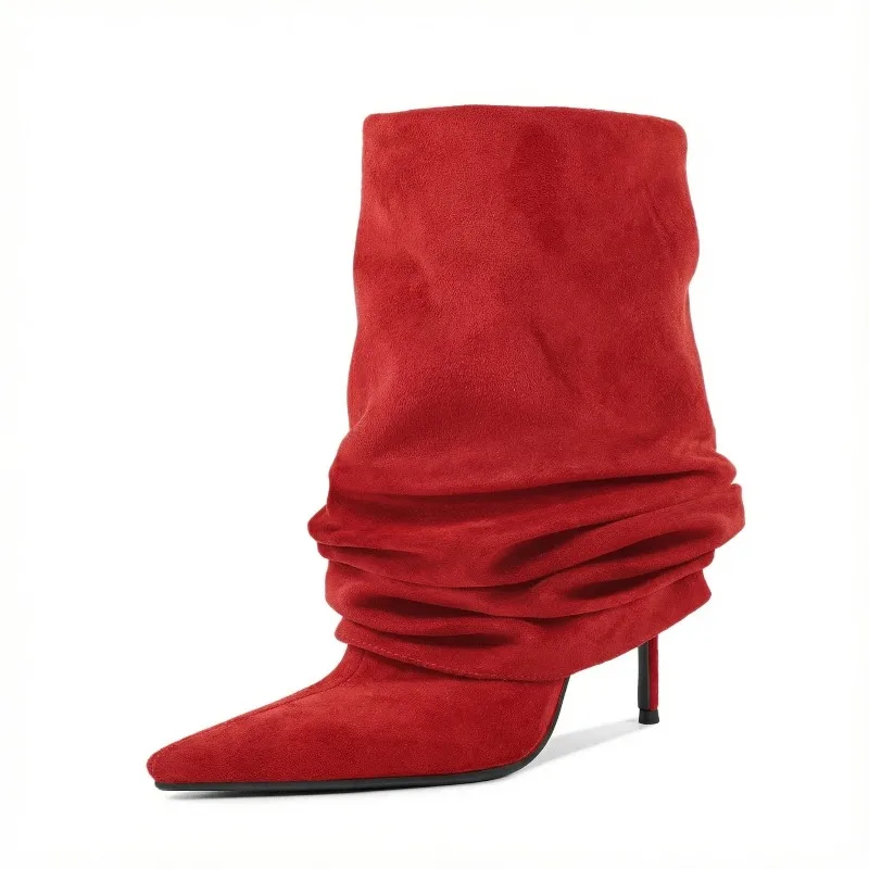 

2026 Women's New High-heeled Pleated Sleeve Short Boots European and American Fashion Suede Pointed Versatile Banquet Shoes