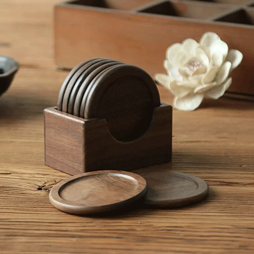

6pcs/set Japanese Style Wood Coaster Round Non-slip Teacup Mat Anti-scalding with Storage Box Insulated Placemat Tearoom