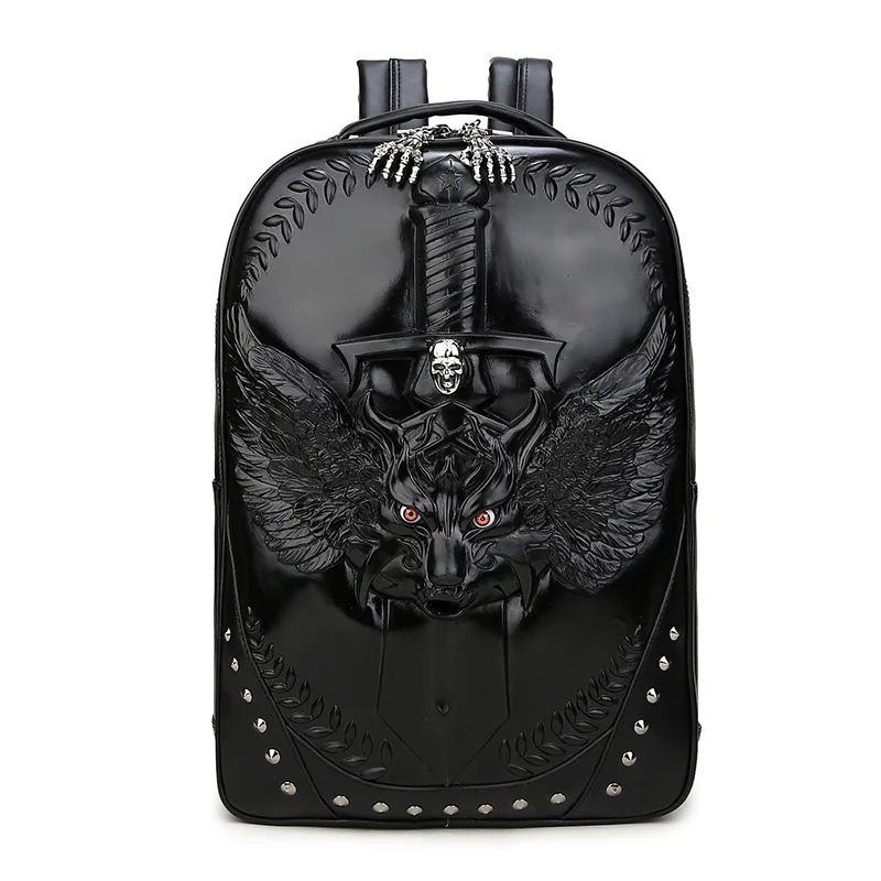 Avant Garde Men Backpack Leather Bagpack Student 3D Embossed Spatial Wolf Sword Skull Travel Shoulders Laptop School Bag Restore