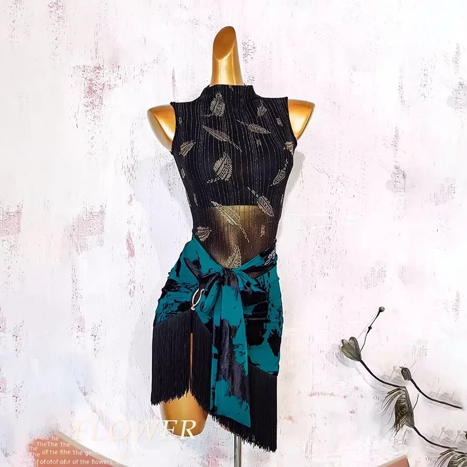 

Tassel and Belt Design Latin Dance Skirt Line Clothing Women Dancewear Skirt Waltz Dress performance outfit 2-piece set
