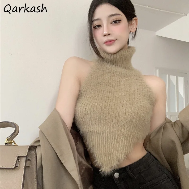 Sexy Tanks Women Knitted Hot Chic Backless Turtleneck Short Sleeveless Off Shoulder Popular Streetwear Corrugated Edge Female