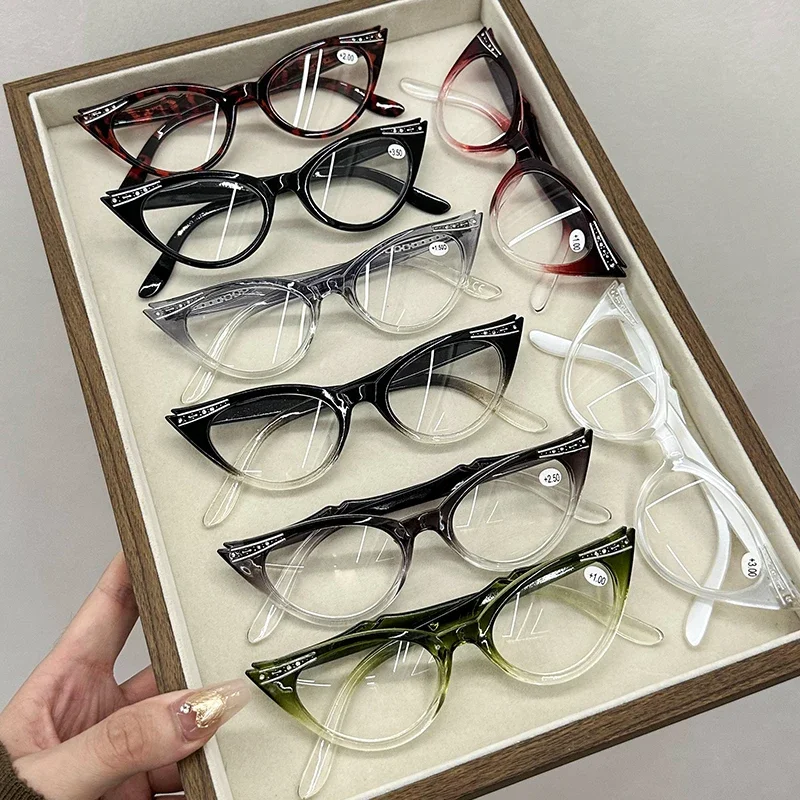 Neue Diamant-Intarsien-Cat-Eye-Presbyopie-Brille, klassische Bonbonfarben-Lesebrille, Herren- und Damenbrille, Dioptrien 0 bis +4,0 – Detail 5