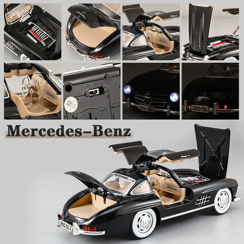 1:24 Mercedes Benz 300SL Legierung Klassisches Oldtimer Modellauto Modell Druckguss Metall Zurückziehen Sound Licht Auto Modische Ornamente