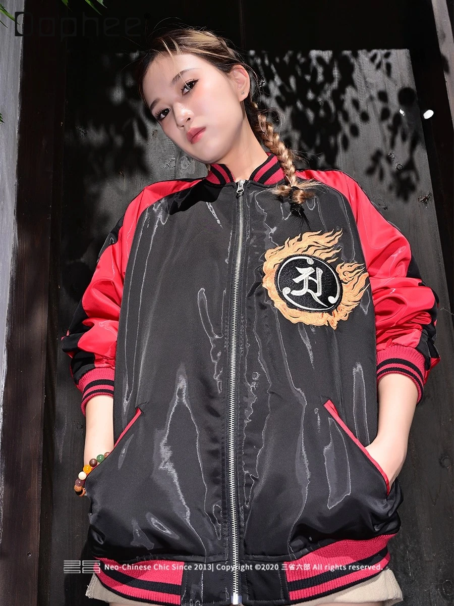 Street Fashion High-End Retro Cartoon Embroidery Baseball Jacket Autumn New Gothic Patchwork Loose Casual Jackets for Women