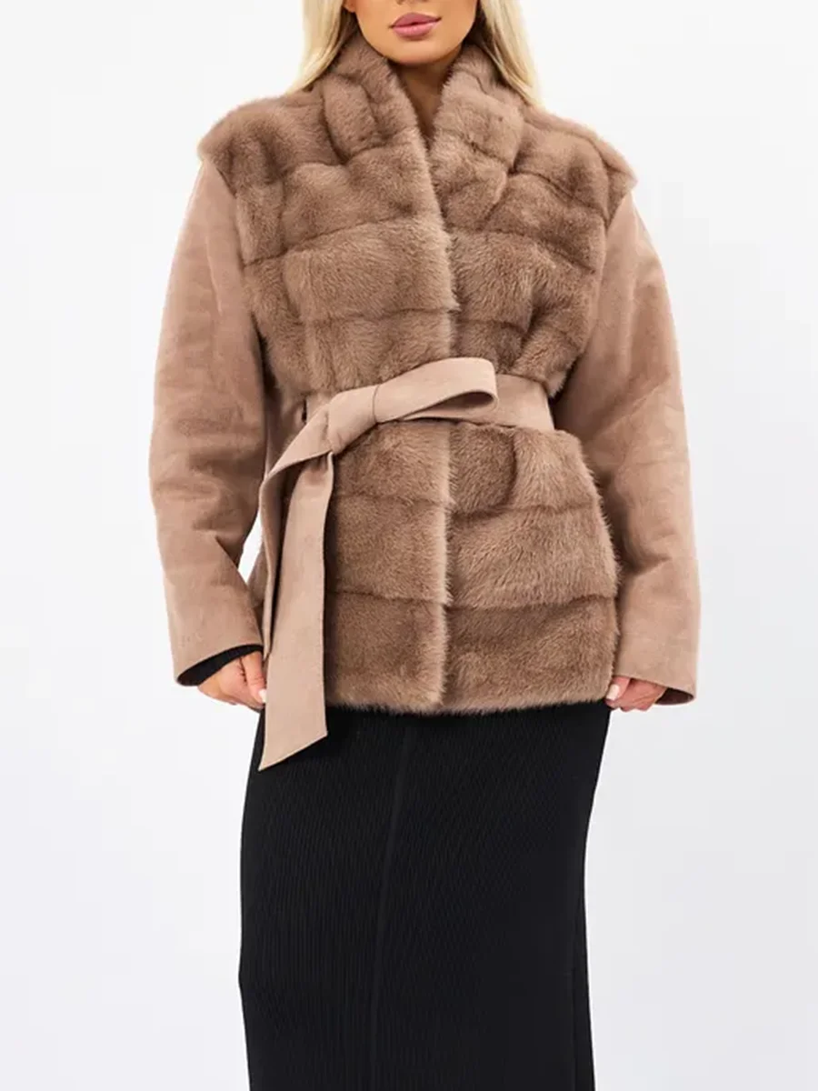 LIMO Women Faux Fur Patchwork Coat Belted Waist Long Sleeve Faux Suede Jacket Autumn Winter Outerwear