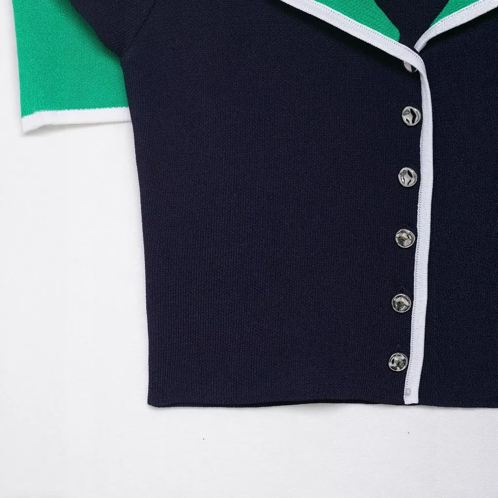 

Summer New Style Women's Knitted Top Navy Collar Color Block Flip Collar Sweater Export Trade Fashionable Casual Wear