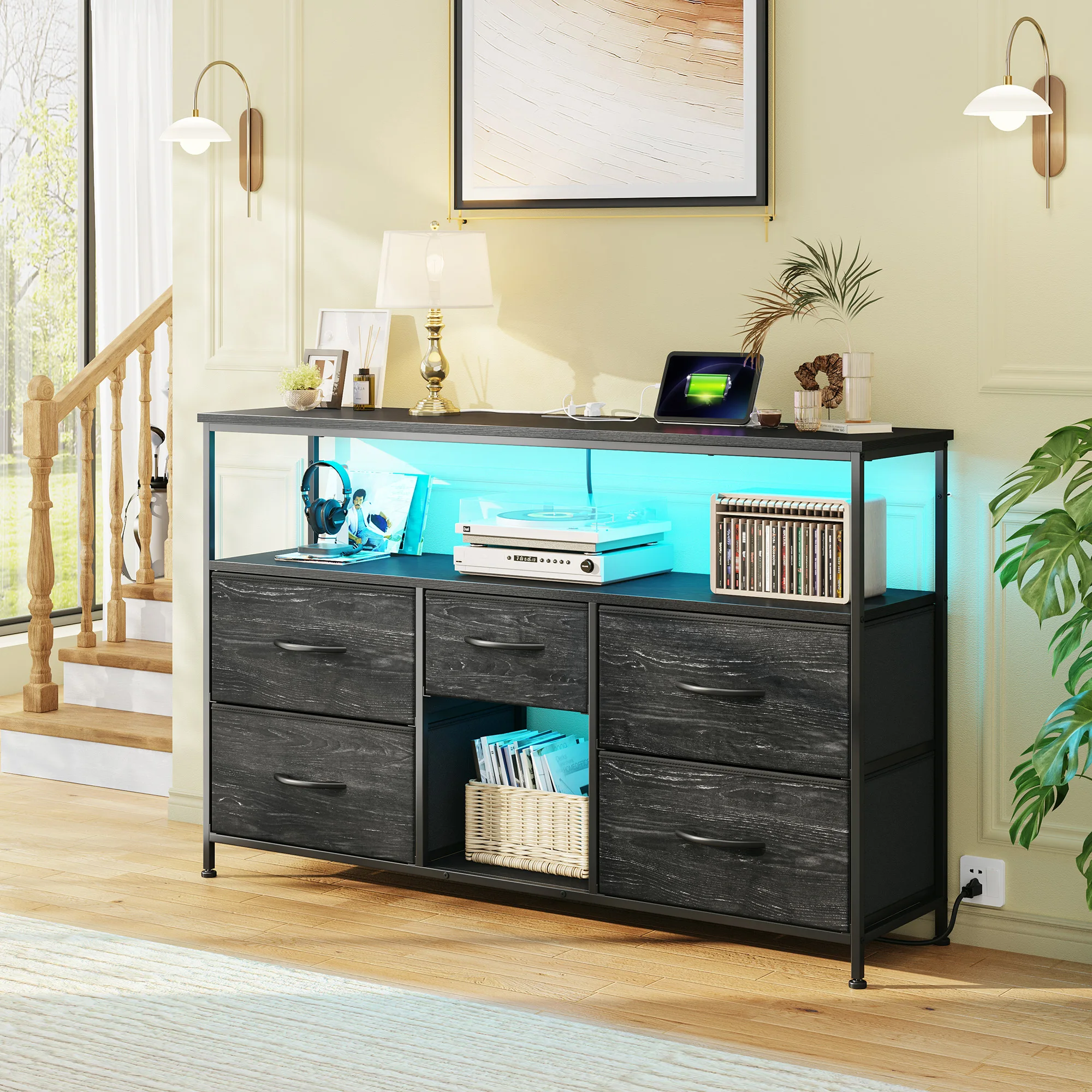 EnHomee 5‑Drawer TV Console with LED Accent Lights – 45/50