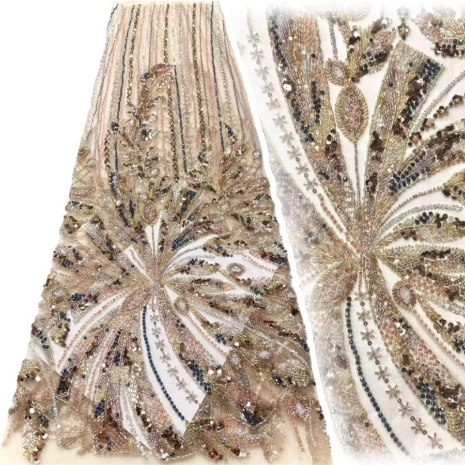

Премиальная нигерийская кружевная ткань с бисером, 5 ярдов, роскошная африканская кружевная ткань с блестками, свадебная ткань, свадебный кружевной швейный материал 1814