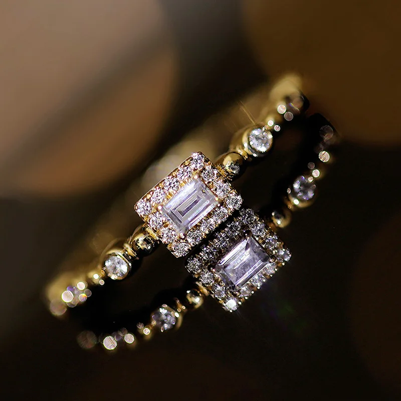 Huitan rechteckige Zirkonia-Ringe in Goldfarbe, exquisites Ehering-Zubehör für Frauen, neu gestalteter Statement-Schmuck
