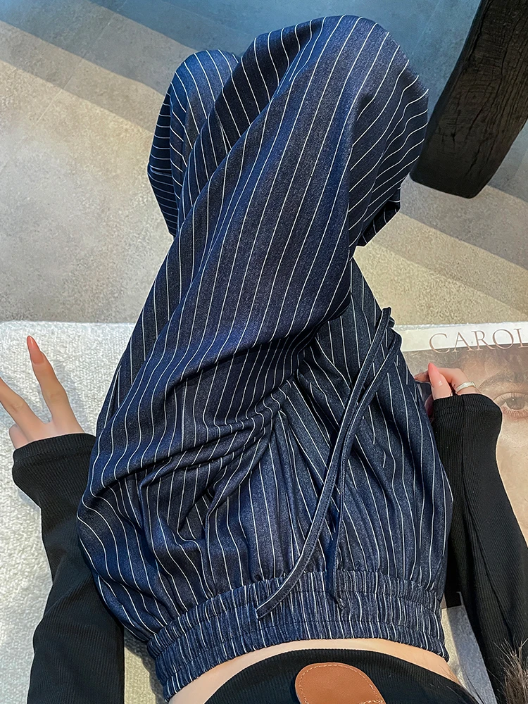

American Style High Waist Loose Drapey Blue Striped Wide Leg Jeans Women's Casual Floor Length Pants Spring New Arrival