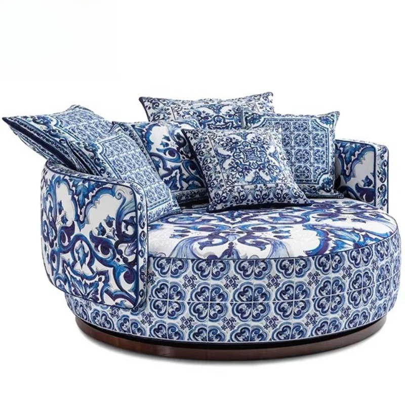 Artistic blue-and-white porcelain pattern fabric sofa is a luxurious modern round swivel sofa, suitable for villas or hotels