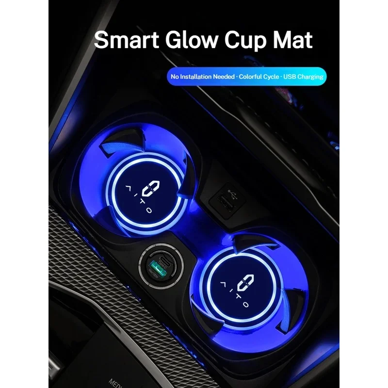 7 Color Car Changing LED Cup Holder Lights Rear Windshield Decorative Ambient Lighting Non-Slip Mat For AITO M5 M7 M8 M9 SERES