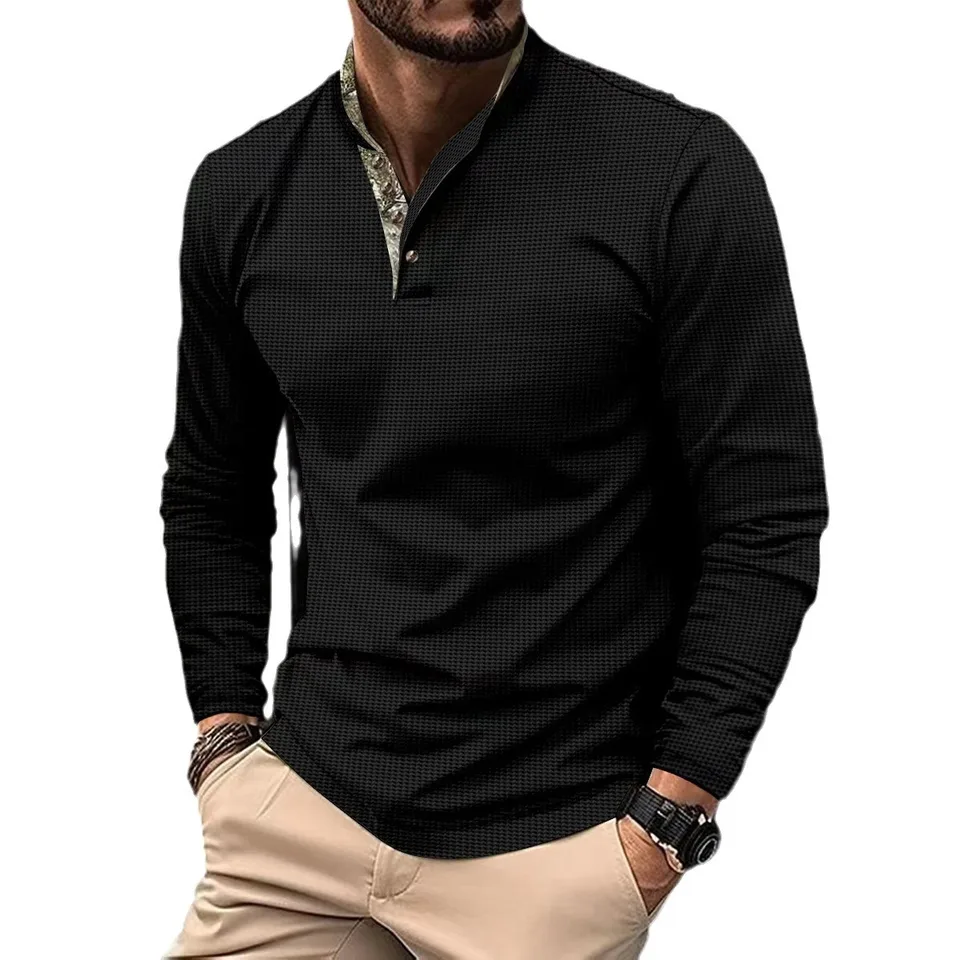 Men Shirts Stand Collar Tops Pullover Tees Long Sleeve Solid
