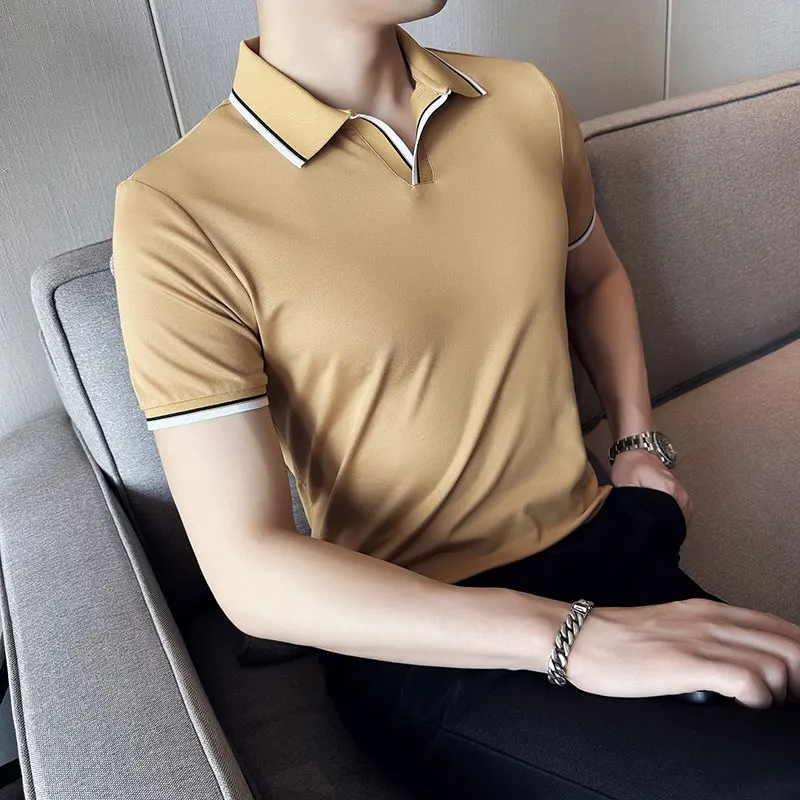 2023 Summer New Style Men\'s Casual Slim Fit Short Sleeve Solid Color POLO Shirt British Slim Lapel Color Blue T-shirt Polo S-4XL