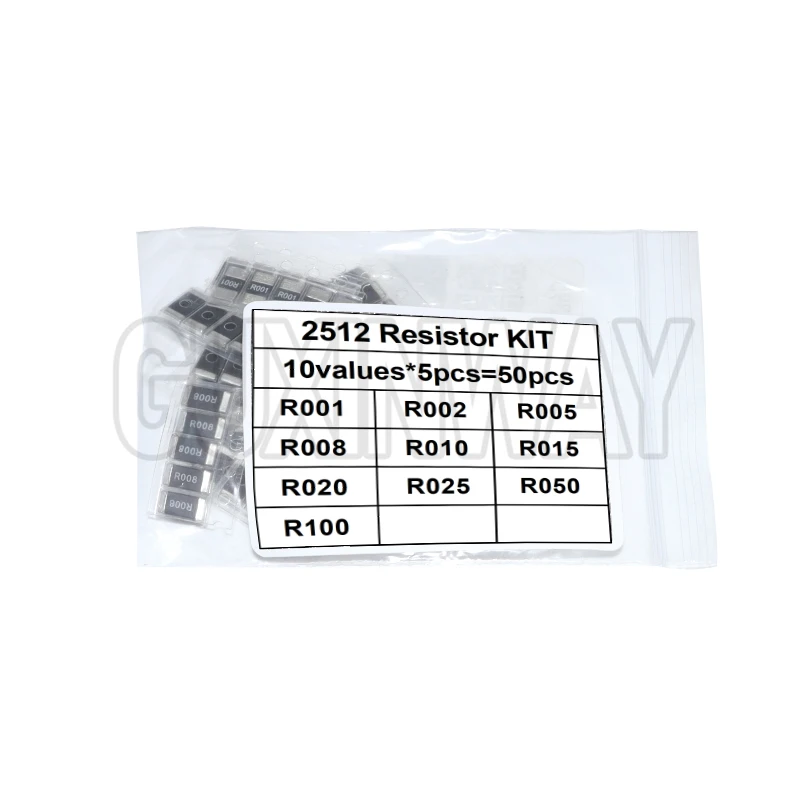 50 قطعة سبائك المقاومة 2512 SMD المقاوم عينات عدة R001 R002 R005 R008 R010 R015 R020 R025 R050 R100 10 أنواعX5 قطعة = 50 قطعة #1