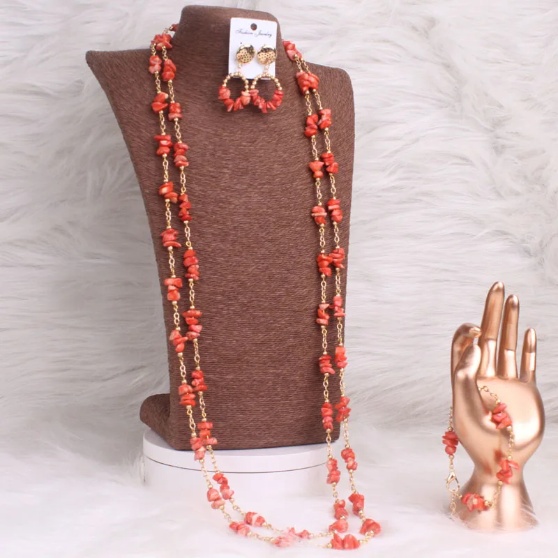 4ujewelry Nigerian Coral Beads Necklace Women Bridal Jewelry Sets Wedding Long Design 3 Pieces