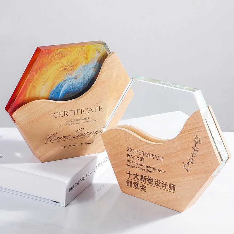 Customized Hexagonal Crystal Trophy, Excellent Employee Company Annual Meeting Souvenirs Home Decoration, Wooden base Medal, 1Pc