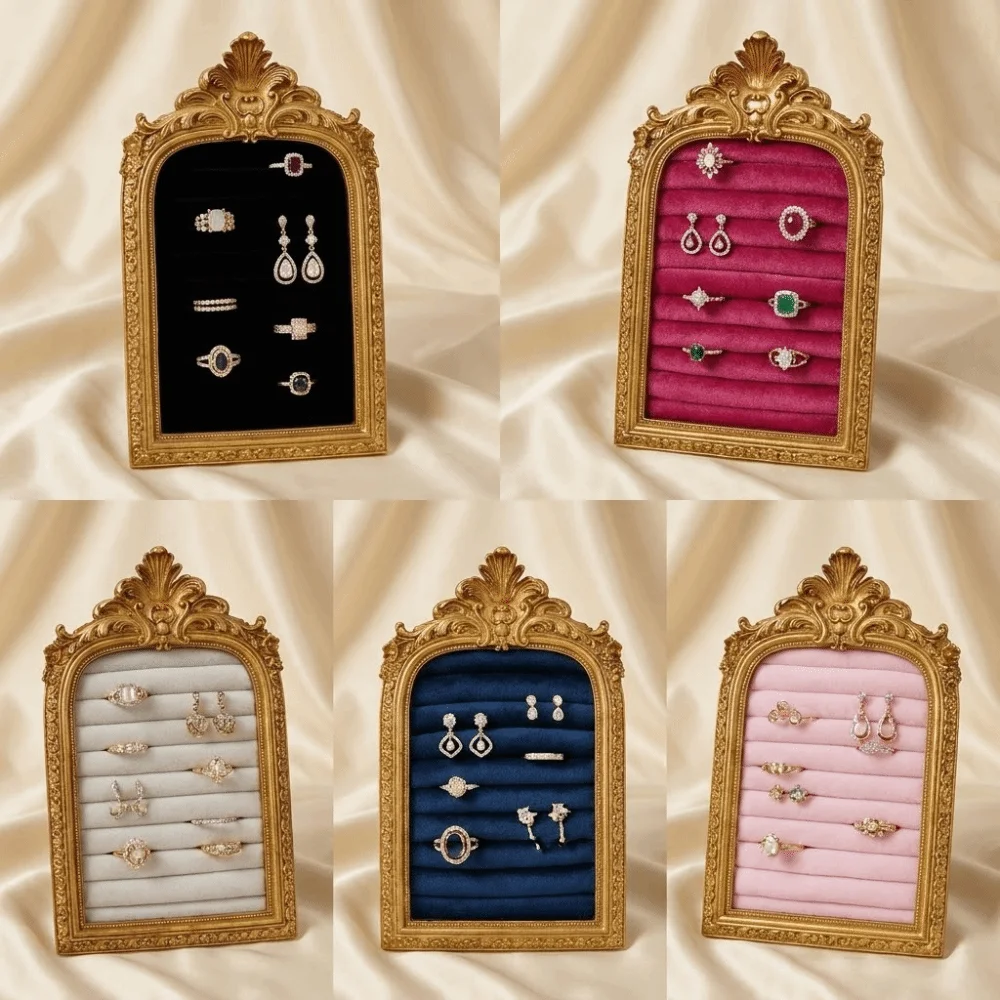 

Velvet Picture Frame Jewelry Storage Shelf Vintage Style Wear-resistant Jewelry Display Rack Picture Frame Shape Space Saving