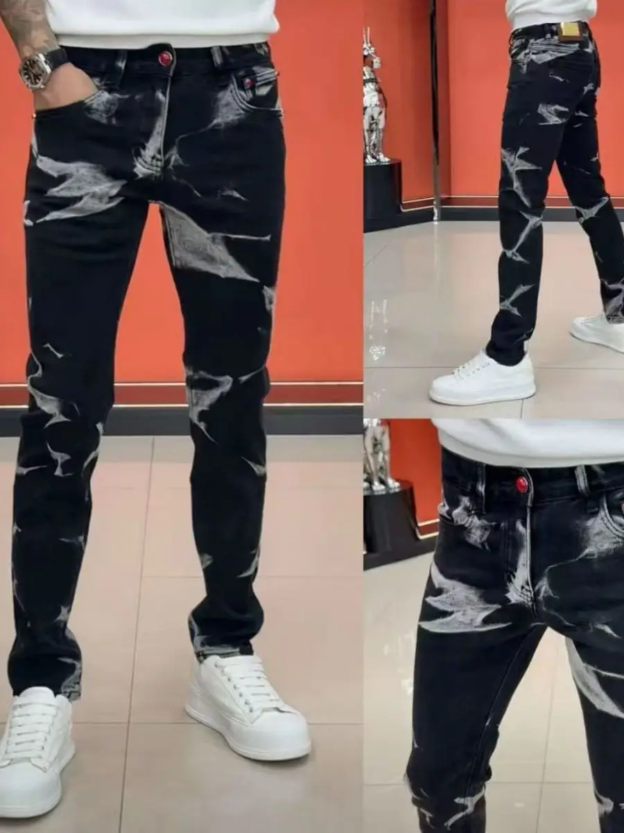 

Облегающие джинсы с высокой талией и принтом, мужские модные эластичные повседневные прямые брюки с небольшими штанинами, молодежные джинсовые джинсы