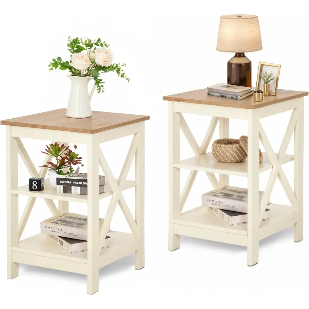 End Tables Living Room Set of 2, Farmhouse Small Side Table 3-Tier Modern Bed Side Table Nightstands for Bedroom