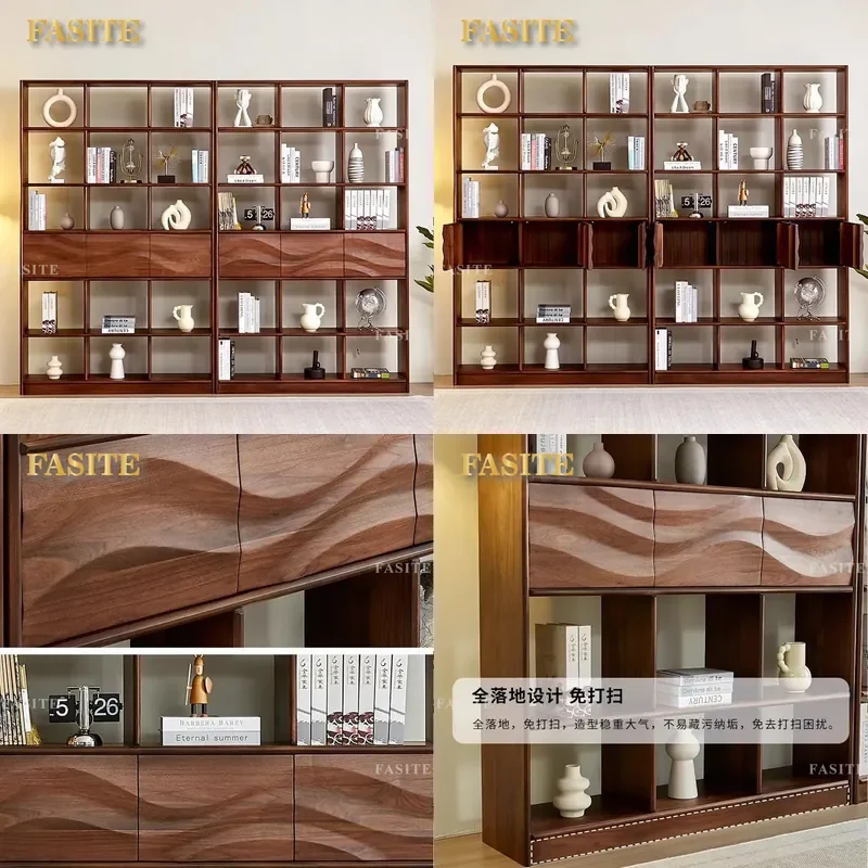 For Solid Wood Bookcase Nordic Black Walnut Bookshelf Display Cabinet Simple Light Luxury Study Home Storage Combination