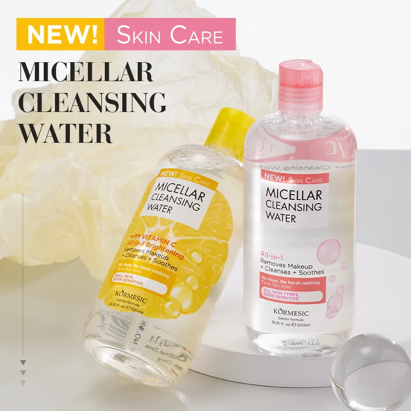 KORMESIC Micellar Water 500ml – Vit C Brightening / HA Hydrating, Removes + Cleanses, No Rinse, Face/Lips/Eyes