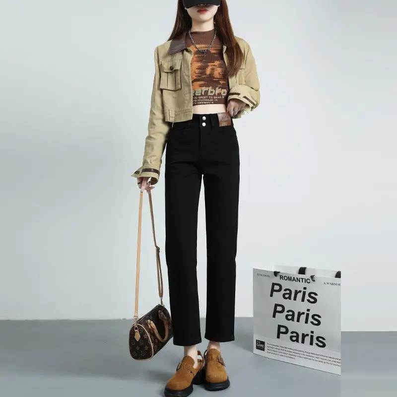 

High Waist Straight Leg Slim Fit Jeans Women's Spring Autumn Blue Long Pants Elastic Slimming Effect Faionable Casual