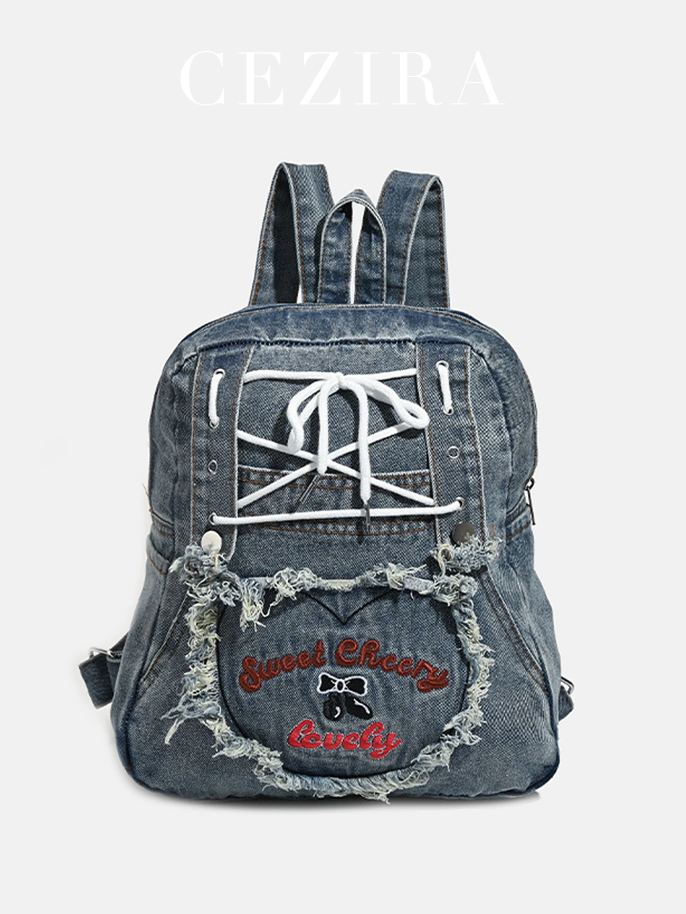 CR Women Retro Niche Design Washed Fabric Backpack Fit Laptop Multi Pockets Bow Knot Decoration Slouchy Daily College Outdoor