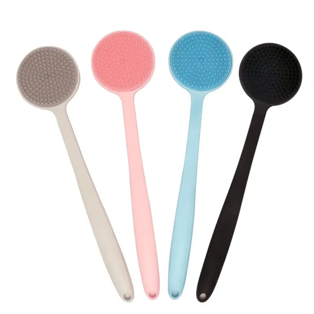 Double-Sided Silicone Back Scrubber with Bristles - Long Handle for Exfoliating and Cleaning Body in Shower or Bath - Bathroom