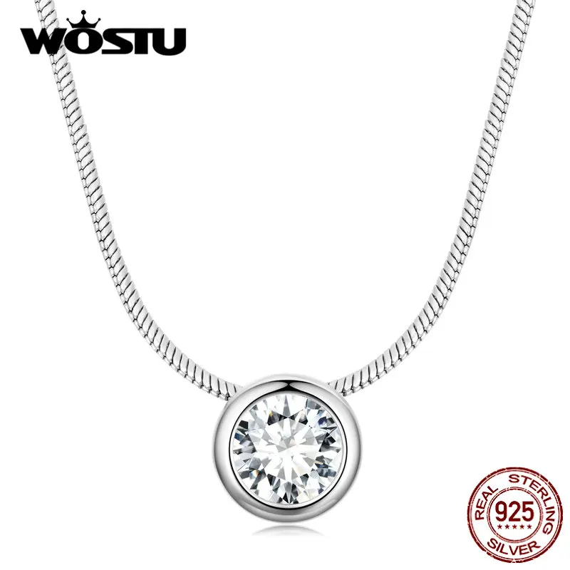 WOSTU 925 Sterling Silver Simple Round Cubic Zirconia Charms Link Necklace For Women 18K Gold Snake Chain Necklaces Wedding Gift