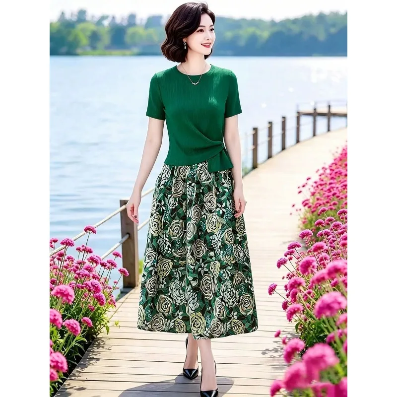 

Women Irregular Twist Short Sleeve Knit Top Floral Midi Skirt Two Piece Outfit Plus Size