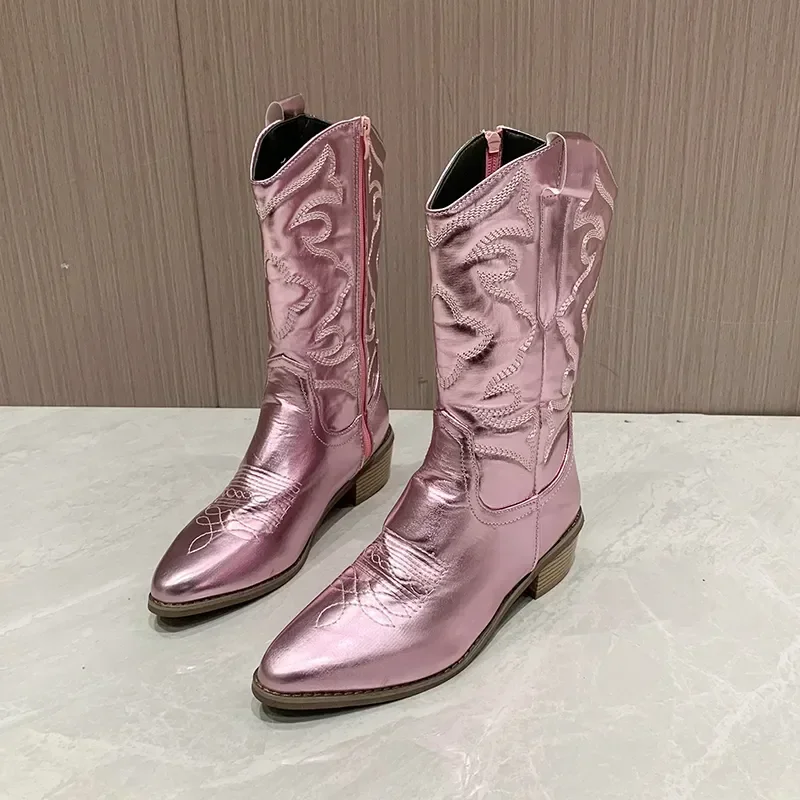 2024Women\'s Western Boots Cowboy Cowgirls Pointed Toe Knee High Pull On Shoes Chunky Heel Fashion Silver Bling Embroidered Boots