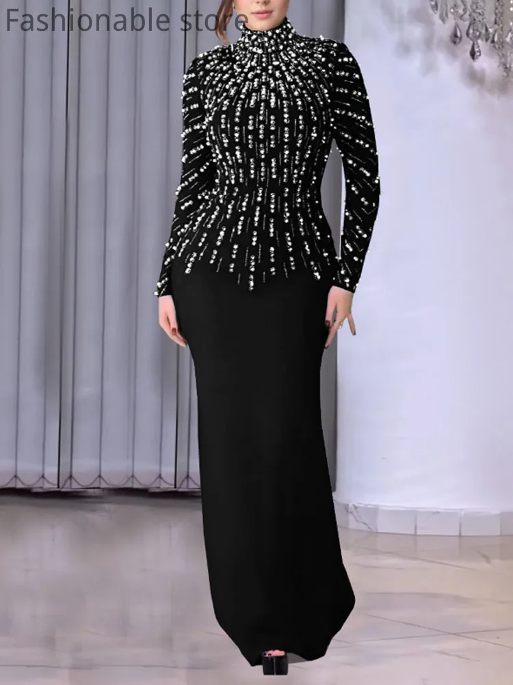 

Women's Sexy Solid Color Long Sleeve Beads Rhinestone Decor Floor-length Party Dress
