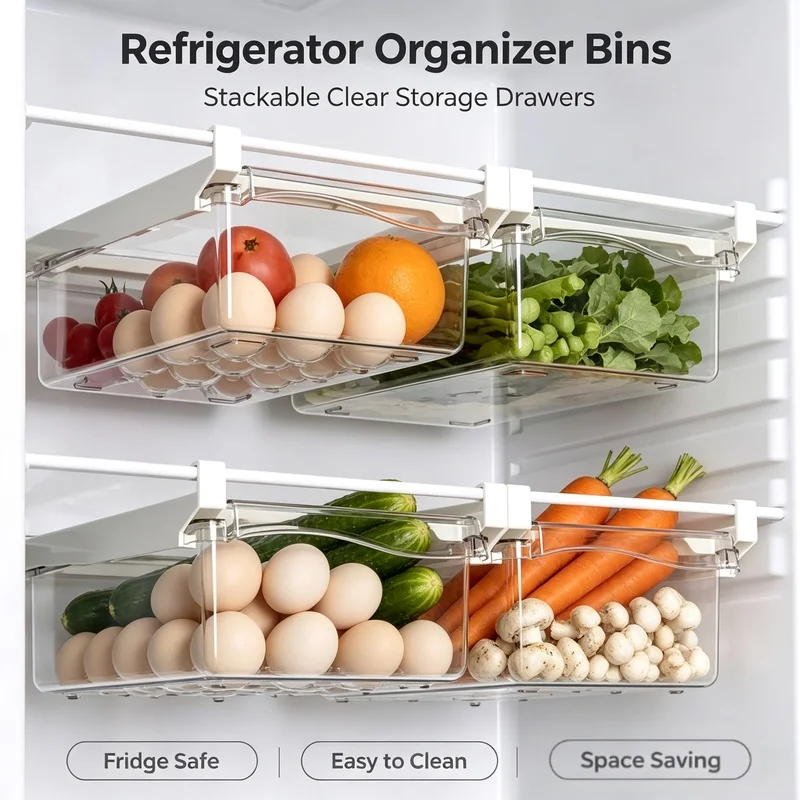 Hanging Sliding Drawer Refrigerator Storage Box, Pull‑Out Plastic Fridge Organizer Bin, Space‑Saving Kitchen Food Container